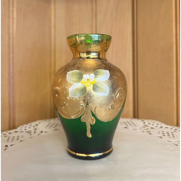 Antique Hand-Painted Bohemian Green Gold Moser Small Glass Vase Floral Motif - Picture 1 of 8